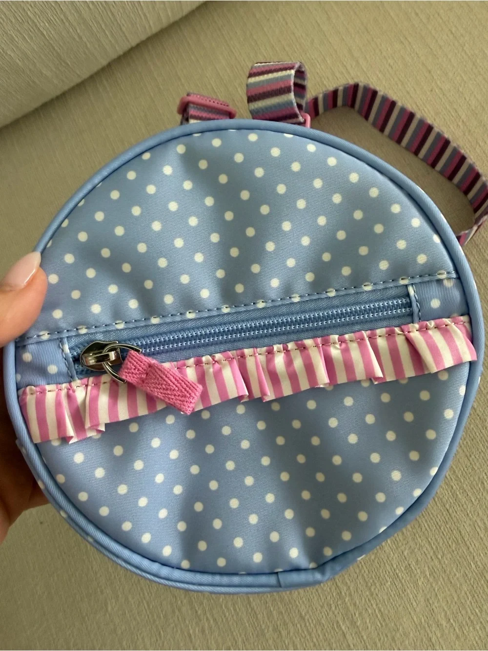 Matilda Jane Light Blue Polka Dot Round Bag with Pink Ruffle